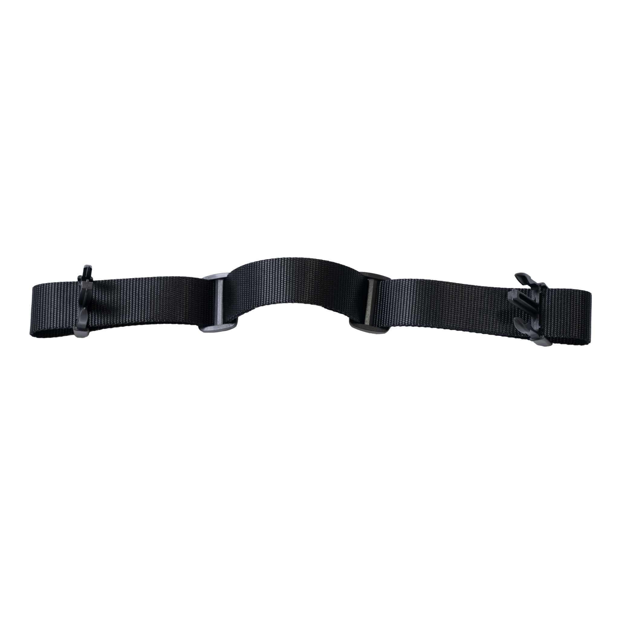Black adjustable strap with clips for secure fastening, ideal for various carrying needs.