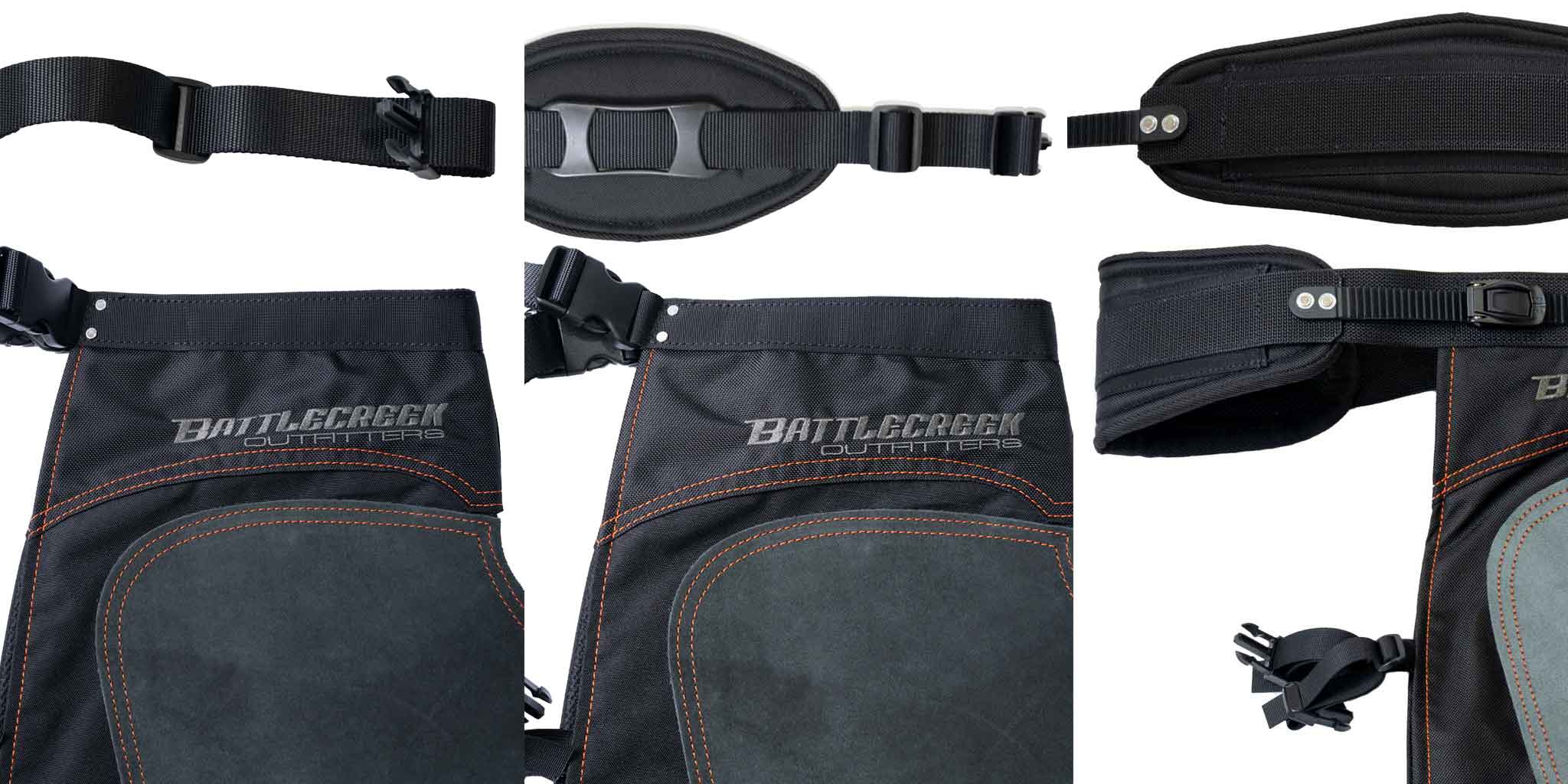 Close-up images of Battle Creek adjustable hunting suspenders showcasing buckle and padding details for comfort.